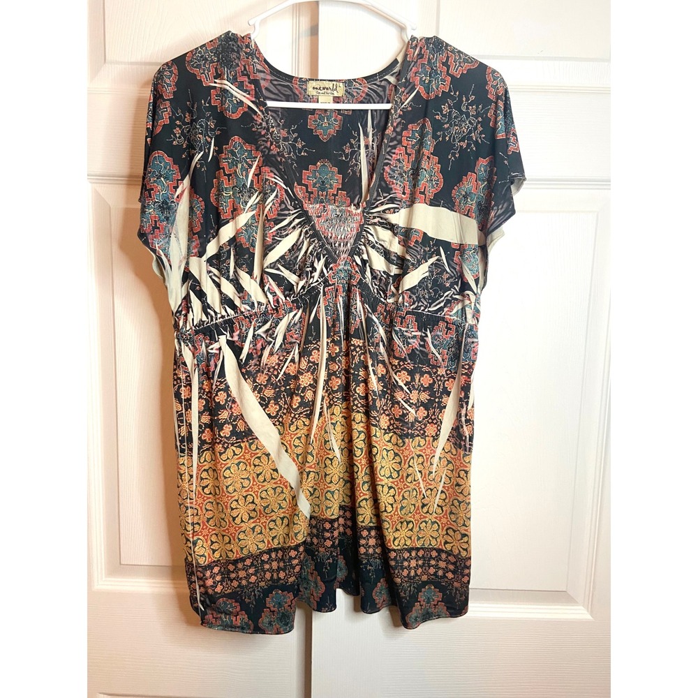 One World Boho Geometric Floral V-Neck Babydoll Tunic L